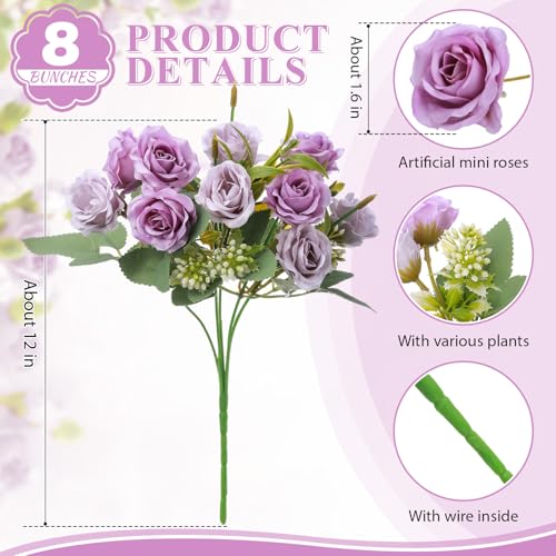Zeyune 8 Pack Artificial Mini Purple and Lilac Roses 12 Inch Fake Flowers with Stems 80 Small 1.6 Inch Flower Heads Silk Mini Rose Bouquets for Wedding Centerpieces, Bridal Bouquets, Home Party Decor - color: Purple and Lilac
