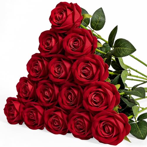15PCS Artificial Flowers Fake Roses, Silk Artificial Red Roses with Stems Realistic Bouquets for Wedding Centerpiece Valentines Day Decorations Home Decor Party Crafts DIY - color: Red