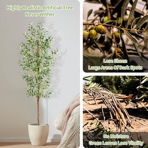 Artificial Olive Tree, 6FT Tall Faux Olive Trees 72in Outdoor Fake Potted Silk Plant with Trunk and Realistic 648 Leaves and 24 Fruits for Modern Office Home Decor Indoor（1pack） - color: 1pack, size: 6ft