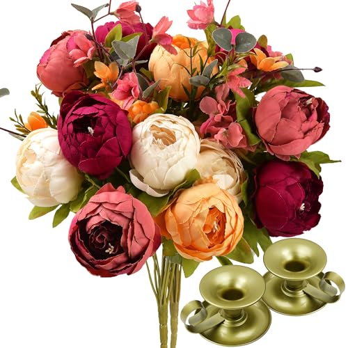 FiveSeasonStuff Sunset Whisper Artificial Peony & Hydrangea Bouquets, 2 Silk Flower Bundles with 2 Gold Taper Candle Holders, Cream Apricot & Berry Red Centerpiece for Home & Wedding Tables - color: Sunset Whisper