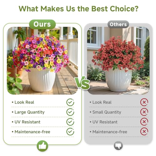 Alupssuc 24 Bundles Artificial Flowers for Outdoors Decoration, UV Resistant Silk Faux Floral Spring Fake Plastic Plants Greenery for Outside Indoor Patio Porch Window Box Home Decor, Mix 6 Colors - color: Red Rose Purple Deeppurple Yellow Pink