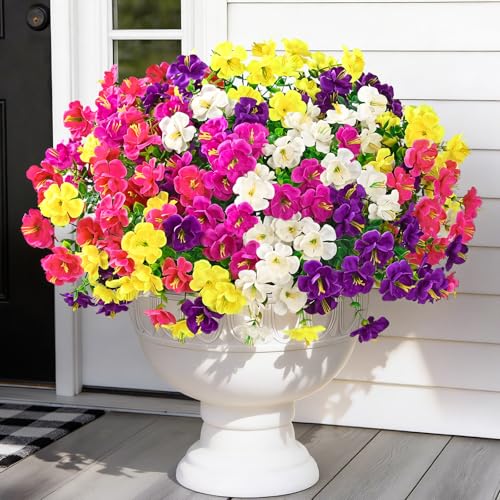 MARTINE MALL 24 Bundles Look Real Artificial Flowers for Outdoors, Realistic Fake Outdoor Flowers, UV Resistant Silk Flowers for Outside Faux Flowers Plants for Outdoor planters Porch, Mixed Color - color: Fushia&purple&red&yellow&rose Red, size: 24 Bundl