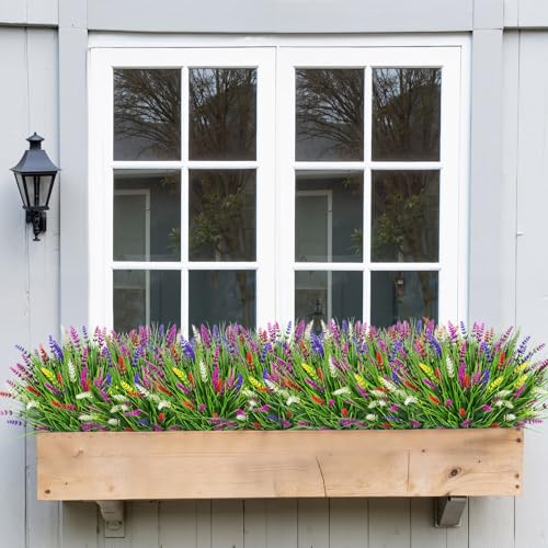 Bassion Artificial Flowers for Outdoors, 24 Bundles Fake Lavender Flowers UV Resistant Mixed Color Plastic Plants Faux Monkey Grass for Home Porch Garden Window Box Indoor Outdoor Decorations - color: Mixed Color