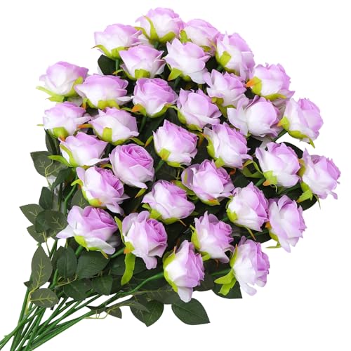 32 Pcs Light Purple Artificial Flowers Bulk, 20" Silk Gradient Blush Purple Real Touch Roses for DIY Wedding Bridal Valentine's Day Bouquets Centerpieces Home Decor - color: Purple
