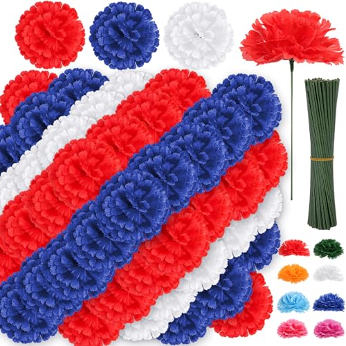 108pcs Carnation Head with Stem, Red Blue White Artificial Carnations Flowers, 3.5" Silk Carnation Fake Flower Arrangement for Patriotic Memorial Bouquet Grave Centerpieces 4th of July Veterans Decor - color: Red&blue&white