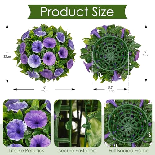 Artificial Petunia Plant Topiary Ball - 9 Inch UV Resistant Faux Purple & White Flower Ball Fake Plant Decorative Balls Faux Greenery for Porch Patio Balcony Yard Indoor Outdoor Home Decor, 1 Pack - color: Purple, size: 9"