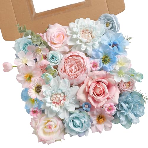 rongflower Artificial Flowers Combo Box Set Silk Flowers Fake Rose for DIY Floral Arrangements Wedding Bouquets Centerpieces Baby Shower Party Home Decorations (Blue Pink) - color: Blue Pink