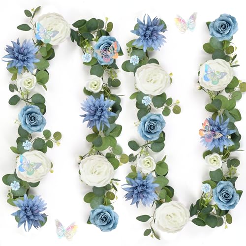Eucalyptus Garland with Flowers - 2 Pack 5.9 FT Artificial Flower Garland with Butterflies Faux Rose Greenery Garlands for Backdrop Wedding Arch Centerpieces Decorations - Dusty Blue & White - color: Dusty Blue & White, size: 2 Pack