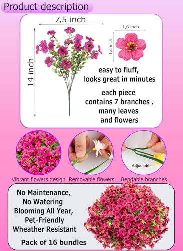 AXYLEX Artificial Flowers for Outdoors Fake Plants - 16 Bundles Faux Outside Greenery Boxwood No Fade Plastic Shrubs Fall Decor Farmhouse Home Garden Thanksgiving Mums (PureRed) - color: Purered