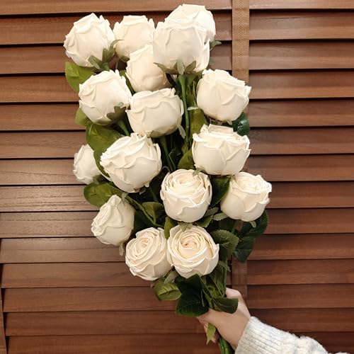18pcs Artificial Roses, Realistic Fake Roses with Stems, Low Maintenance Real Touch Floral Decor for Home Wedding Table Centerpieces(18, White) - color: White