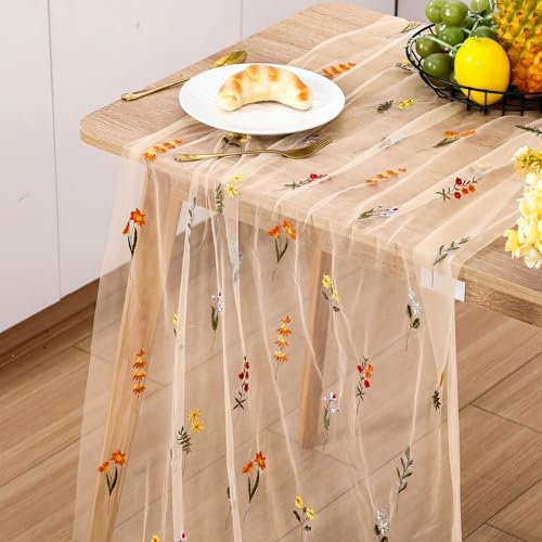 Boao 1 Wildflower Table Runner Embroidery Tulle Spring Summer Table Runner 120 Inch 10 ft Kitchen Dining Decoration for Wedding Baby Shower Bridal Shower Home Decor Birthday Party (Champagne) - color: Champagne, size: Wildflower