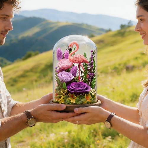 Eternal Flowers with Flamingo-Big Flower Big Love- Graduation Flowers Gifts for Daughter Wife Mom-Forever Flower in Glass Dome-Flowers for Delivery Prime on Anniversary Valentines Birthday (Purple) - color: Purple3