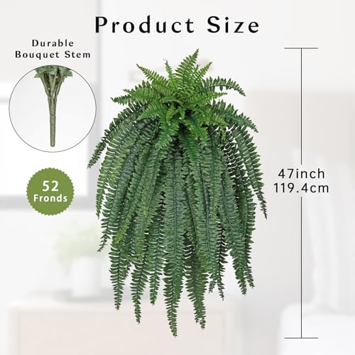 GnFlus Artificial Boston Fern 47 Inch Faux Fern with 52 Fronds, Realistic Ferns Artificial Plants Large Silk Fern Bush for Outdoor Indoor Hanging Planter, Porch Patio Home Farmhouse Garden Decor - size: 52 fronds