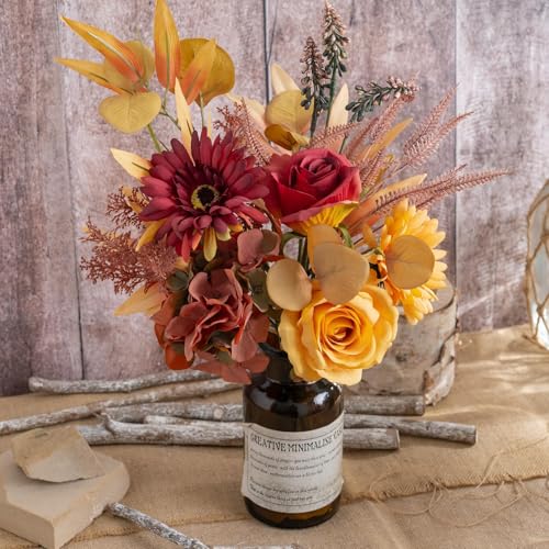 Fake Silk Flowers Bouquet Faux Centerpieces with Roses, Gerberas, Hydrangea etc, Realistic Artificial Floral Arrangements for Home Kitchen Decor - color: Autumn