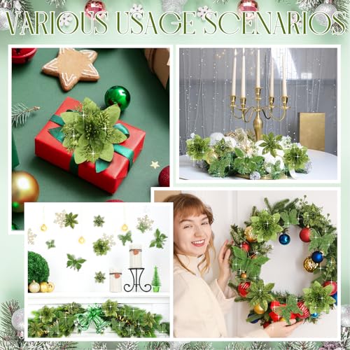 Thiccywoov 122 Pcs Christmas Glitter Poinsettia Artificial Flowers Berry Picks Butterfly Christmas Tree Ornaments 3 Styles Poinsettia kit with Clip for Xmas Wreath Home Tree Decor(Green) - color: Green