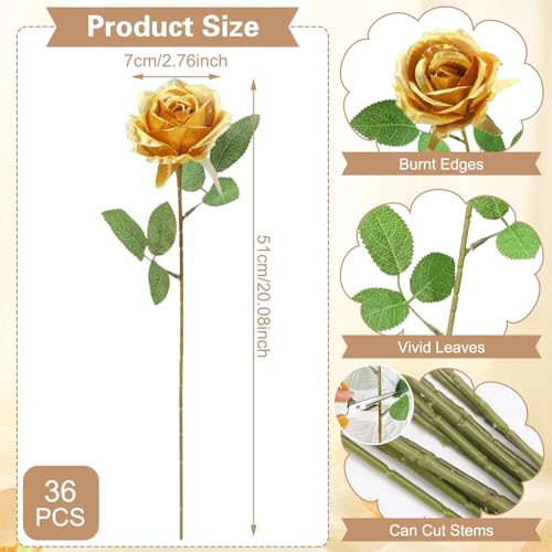 36 Pcs Gold Artificial Roses with Long Stems, Fake Silk Rose Artificial Flowers Bulk for Bridal Wedding Bouquet Centerpiece Ball Arrangement Party Decor - color: Gold