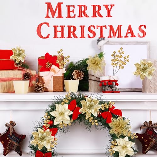 Sggvecsy 30 Pcs 3 Styles Christmas Glitter Poinsettia Flowers Artificial Berry Picks Christmas Tree Ornaments Artificial Christmas Flowers with Clips for Xmas Wedding Wreath Floral Decorations(Gold) - color: Gold