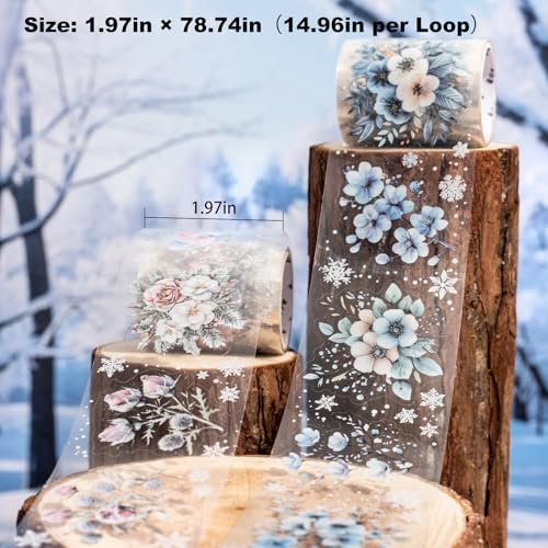 6-Roll Winter Floral PET Tape Set, Pre-Cut Transparent Waterproof Flower Sticker Rolls for Scrapbooking, Journals, Planners, DIY Crafts, Cards and Gift Wrapping - style: Winter Bloomscape