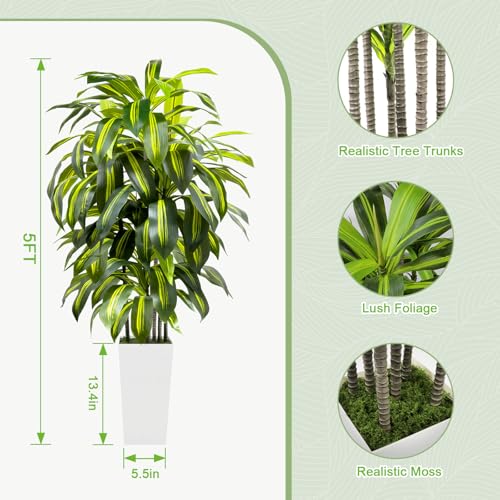 5FT Fake Plant Artificial Dracaena Tree Indoor - Faux Plants Indoor Tall with White Planter - Fake Tree Floor Plant Artificial Plants Decor for Living Room Office - color: White, size: 5ft