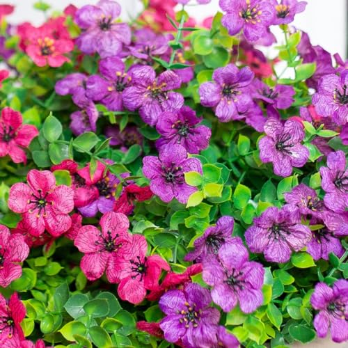 HyeFlora Artificial Flowers for Outdoor Indoor Garden Home Decoration, Faux Flower Daisy with Eucalyptus Leaves Fake Plants Greenery Boxwood Porch Patio, 12 Bundles (Purple Pink) - color: Purple Pink