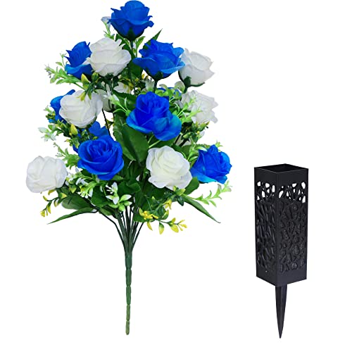LVXINLI 2 Sets Artificial Cemetery Flowers,Memorial Flowers,Beautiful Arrangements for Headstones,Black Plastic vase with Drainage Hole Long Spikes Outdoor Memorials(Dark Blue)… - color: Dark Blue