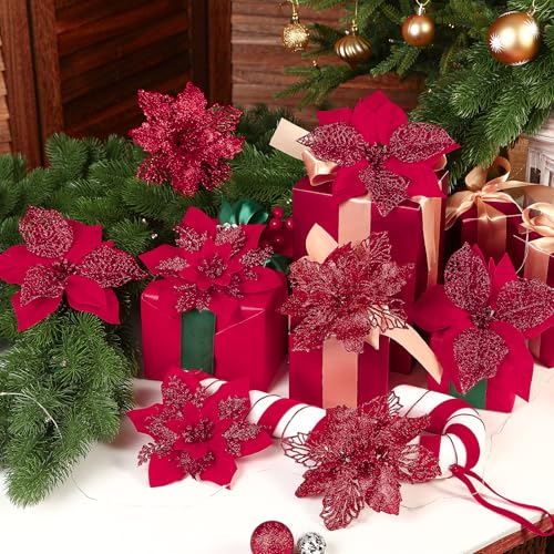 Alupssuc 24 PCS 3 Styles 6'' Poinsettia Christmas Flowers Artificial, Glitter Artificial Flower, Christmas Decorations for Xmas Tree Party Wreath Fireplace, New Year Ornaments, Red - color: Red