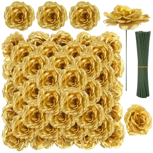 LELEE Rose Head Flowers with Stem - 108pcs Gold Rose Artificial Flowers Bulk - 3.1'' Silk Roses Fake Flower for Wedding Bouquet Party Home Decor DIY Baby Shower Centerpieces Tables Decoration - color: Gold
