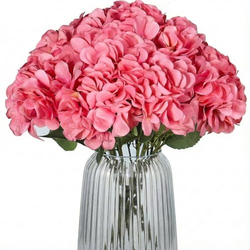 2Bouquets Artificial Fake Flowers Silk Hydrangea Arrangements Wedding Bouquets Decorations Plastic Floral Home Kitchen Garden Party Festival Bar DIY(Dark Pink) - color: Dark Pink,5flower Heads