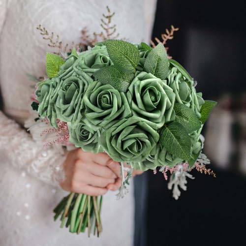 100 Pcs Artificial Foam Rose Flower Faux Bouquet Wedding Fake Rose Gift for Mother's Day Women DIY Bridal Shower Party Table Birthday Home Spring Decor (Elf Green) - color: Elf Green