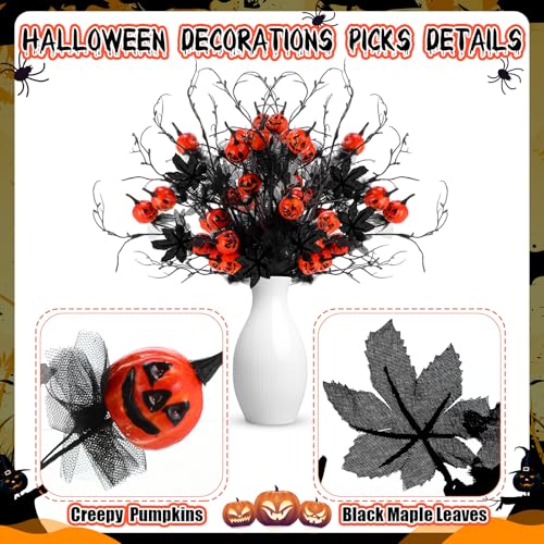 Thiccywoov 12 Pcs Halloween Floral Picks, 22" Artificial Halloween Flowers Pumpkin Flower Arrangements Spooky Gothic Pumpkin Decor for Vase Table Centerpieces DIY Haunted House Party Indoor Outdoor