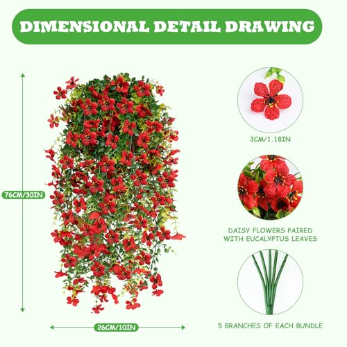 Artificial Hanging Flowers for Outdoors UV Resistant Fake Flowers Realistic Silk Faux Spring Hanging Flower for Patio Porch Garden Yard Fence Wall Decor(Red, 4 Pack) - color: 4pcs Red
