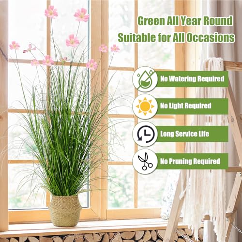 2 Pack 47in/4ft Artificial Grass with Fake Flowers Faux Plants Outdoor Indoor Tall Grass Greenery Decor for Garden Patio Home Office Pink - color: 2pack Green Flowers