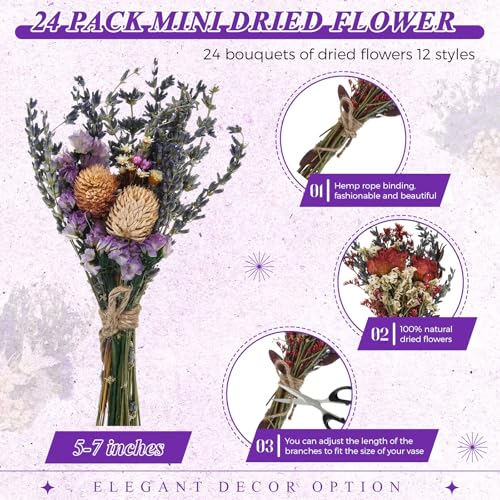 Layhit 24 Pcs Boho Dried Flower Bouquet Mini Wedding Handmade Dry Flowers Decor for Vase Crafts DIY Photo Boutonniere for Men Floral Plant for Bridesmaid Gift Birthday Decor (Lavender) - style: Lavender