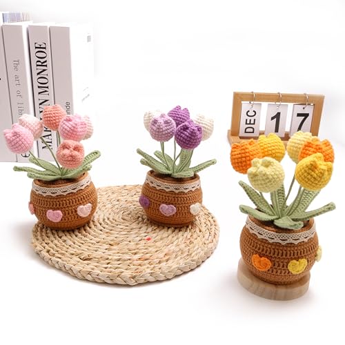 Crochet Simulation Tulip Potted Plants, Simulation Crochet with Long Flowers, Hand Crochet Lovely Woven Potted Plants, Home Office Desk Ornaments, Shop Decorative Flowers (6 Flowers-Purple) - color: Purple a, size: A