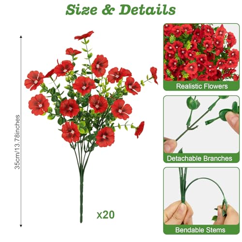 Roberly 20 Bundles Artificial Flowers for Outdoors, Fake Silk Flowers with Plastic Eucalyptus Greenery Stems Realistic Faux Plants for Spring Summer Porch Patio Yard Garden Vase Home Decor, Red - color: Red
