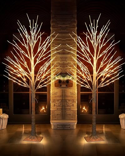 TW SHINE 2Pack Lighted Birch Tree, 6 FT Total 288LED Pre-lit Artificial Christmas Trees for Thanksgiving Christmas Decorations Indoor Home Bedroom Outdoor Festival Wedding Party, Warm White - color: 2 Pack