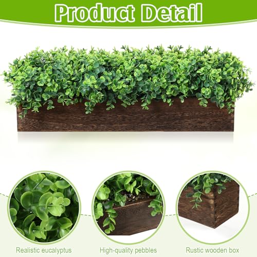 Lyrow 2 Pack Artificial Eucalyptus Plant in Rustic Rectangular Wooden Planter Box Greenery Faux Potted Herb Plant for Indoor Wedding Table Centerpiece(Emerald,24 x 3.7 x 3.7 Inches,Stylish Style) - color: Brown, size: 24 Inch, style: Emerald Green Round L