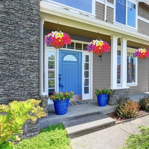 Artificial Faux Hanging Plants Flowers for Outdoors Baskets Spring Outside Decor, Fake Silk Morning Glory in Planter Look Real UV Resistant Outdoor Flowers for Porch Patio Balcony Garden Yard Home - color: B 6 Mixed