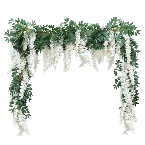 1pc/2pcs Encrypted Flower Vine Wisteria Artificial Flowers Garland,White Wisteria Hanging Flowers Flower Garland Decorations for Home Garden Outdoor Ceremony Wedding Arch Decoration (White, 2pcs) - color: White, size: 2pcs