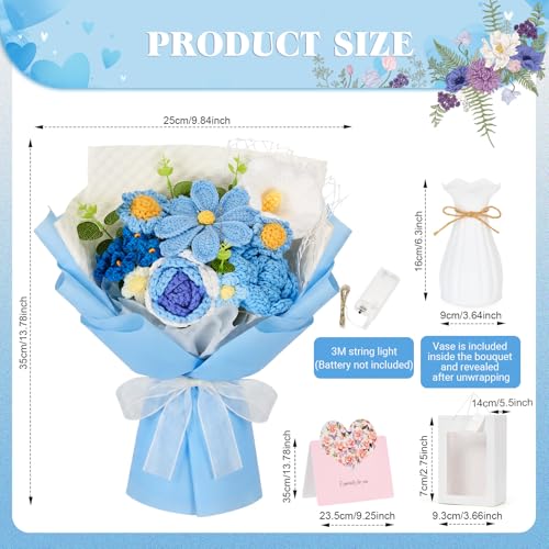 Crochet Flower Bouquet, Blue Handmade Knitted Flowers with Lights & Vase, Crochet Galsang Rose Daisy Flower for Mothers Day Graduation Wedding Lover Teacher Anniversary Birthday Gift (with Card & Bag) - color: Blue