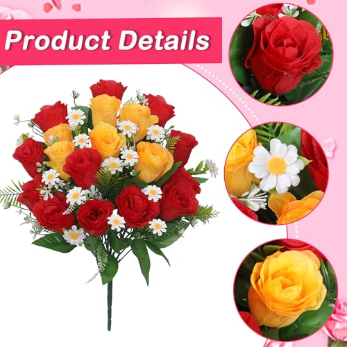 Wocst Artificial Cemetery Flowers for Grave Memorial Day Flowers for Cemetery,2Pack Artificial Silk Roses Daisy Bouquets with Cemetery Vases for Outdoor Grave Decorations ﻿ (Red Yellow) - color: Red Yellow