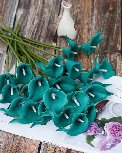 DuHouse 20Pcs Artificial Calla Lily Flower Real Touch Latex Flowers for DIY Wedding Bouquet Party Home Decor (Teal Blue) - color: Teal Blue, size: 20pcs