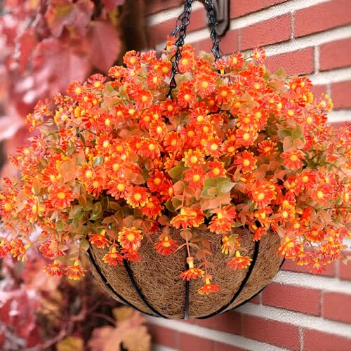 12 Bundles Artificial Fake Mums for Outdoors No Fade Fake Plants, UV Resistant Faux Plastic Fall Flowers for Home Planters Porch Garden Patio Window Box Yard Autumn Decor(Fall Red) - color: Orange, size: 12 Bundles