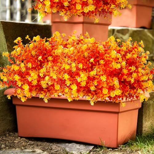 Grunyia 12 Bundles Artificial Fall Flowers No Fade Faux Autumn Plants, Fake Indoor Outdoor Greenery Decorations for Thanksgiving Christmas Wedding Party Home Garden Fireplace Décor (Fall Orange) - color: Fall Orange