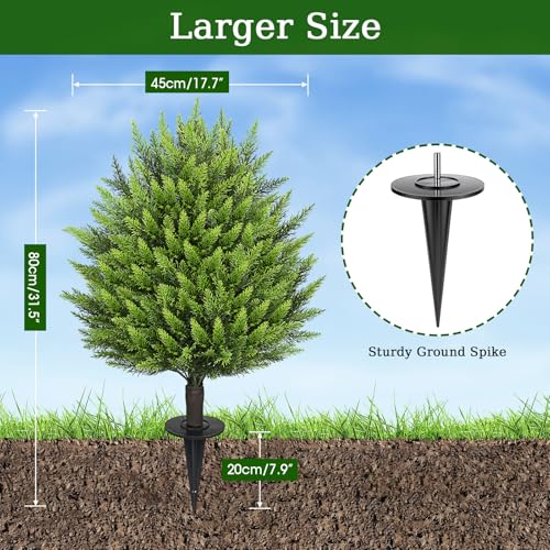 31" Artificial Cedar Topiary Ball Trees with Ground Spike,2 Pack Fake Bushes Shrubs Pine, UV Resistant Faux Evergreen Cypress Tree Plants for Indoor Outdoor Planters Front Porch Garden Decor