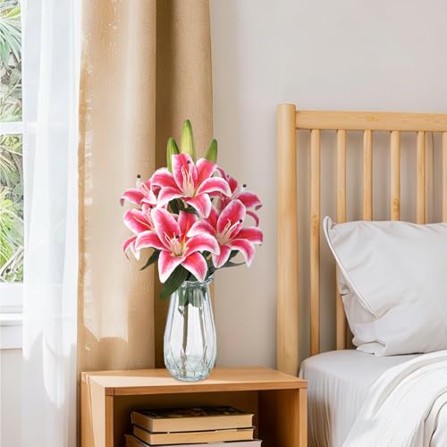 6 Stems Rose Red Artificial Lily Flowers with Fake Water and Fruits - PU Silk Fake Flowers for Home Vase Decor - color: Rose Red, size: BHSH-JS-6