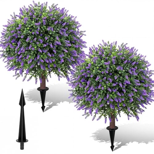 Artificial Boxwood Topiary Ball Trees with Lavender with Spikes for Outdoor 27" Set of 2, UV Resistant Faux Greenery Shrubs, Realistic Fake Bushes Plants for Garden Yard Front Porch Patio Decor - color: Boxwood Lavender