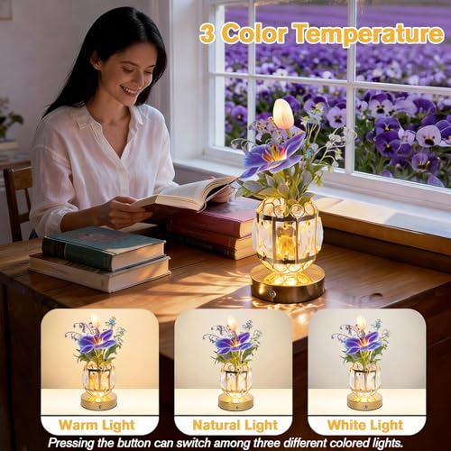 Flower Table Lamp, 3-Color Dimmable Tulip Artificial Flowers Night Light, Rechargeable Cordless Small Lamp, Ambient Light with Crystal Vase for Party Home Desk Decorations (Purple Blue - Flower) - color: Purple Blue - Flower