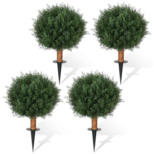 Artificial Cedar Topiary Ball Trees with Ground Spike, 24.6 inches Tall UV-Resistant Fake Outdoor Plants Evergreen Shrubs, Realistic Faux Pine Bushes for Front Porch Home Patio Garden, Set of 4