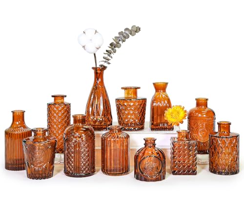 SUPMIND 12Pcs Glass Bud Vase Set, Small Dark Brown Flower Vase for Centerpieces, Bud Vases in Bulk, Mini Vintage Vase for Rustic Wedding Decorations（Amber） - color: Amber, size: 12Pcs
